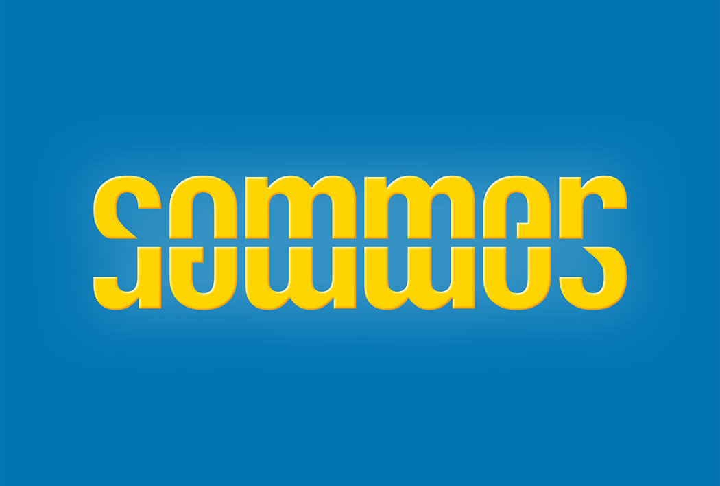 Ambigram of Sommer, designed by Roland Scheil, graphic designer, yellow logo on an azure background