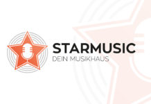 Logo design featuring an orange star with a microphone in the center, gray sound wave rings behind it. Text to the right reads STARMUSIC in bold, with DEIN MUSIKHAUS below in a lighter font.