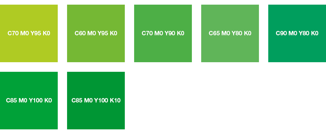 CMYK colours: bright green, yellow-green and green