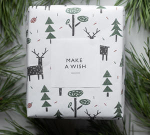 A gift wrapped in white paper with green trees, reindeer, and red accents, featuring a label that reads MAKE A WISH, surrounded by pine needles.