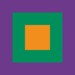 A small orange square is centered inside a larger green square, both set against a purple background.