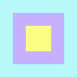 A centered yellow square is surrounded by a lavender square, both set against a light blue background. Each square is nested within the other, creating a three-layered geometric design.