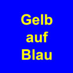 Yellow German words Gelb auf Blau are centered on a solid blue background.